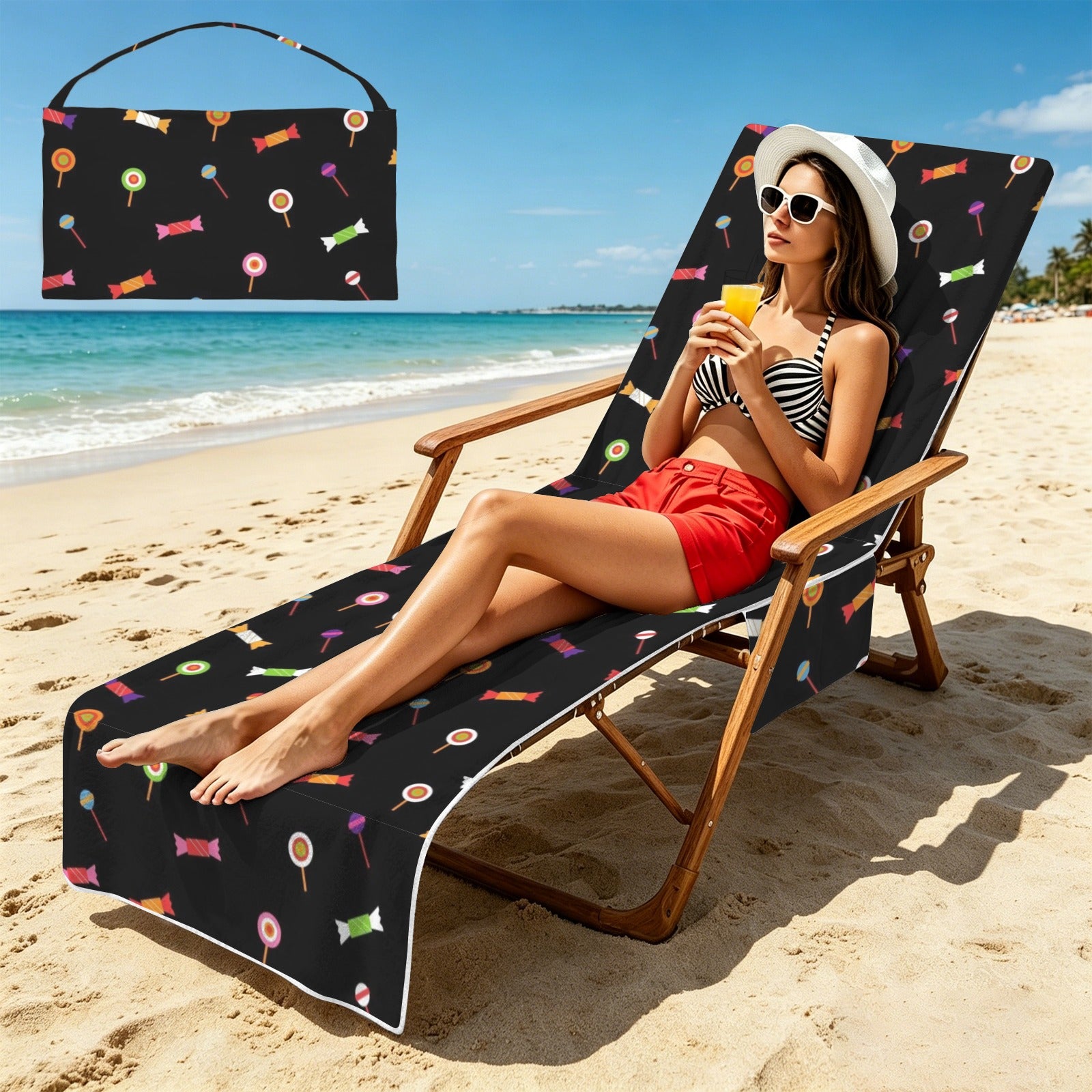 Candy Beach Chair Towel Cover with Side Pockets