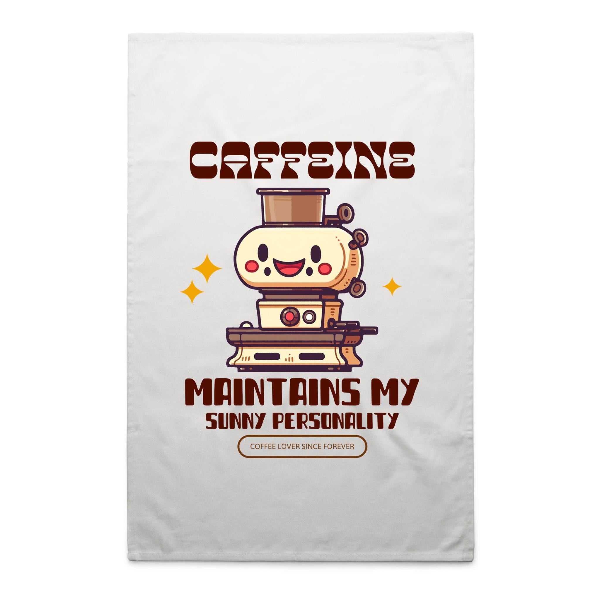 Caffeine Maintains My Sunny Personality - AS Colour Tea Towel White One Size Tea Towel Coffee Printed In Australia