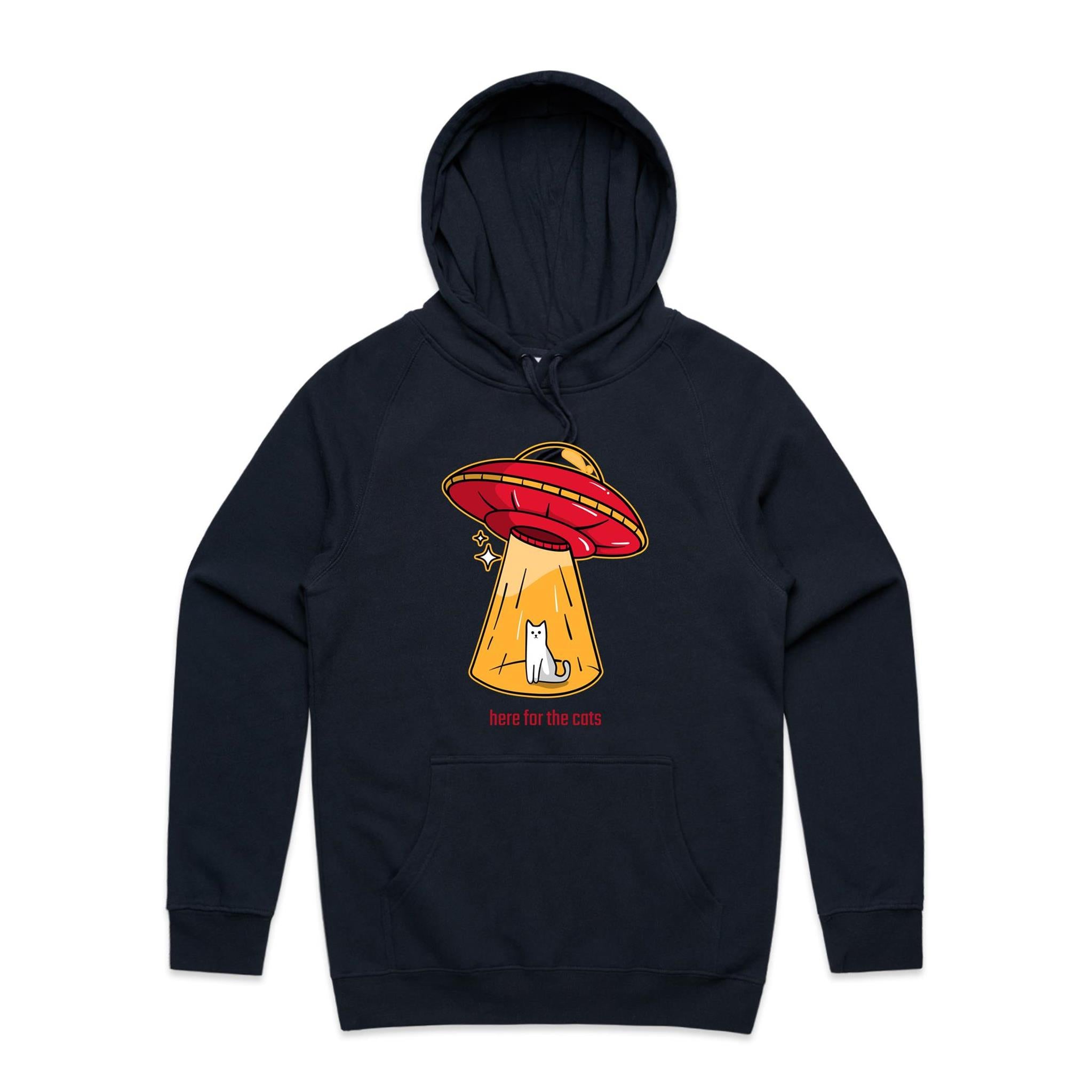 UFO, Here For The Cats - Mens Hoodie Navy Mens Hoodie animal Printed In Australia Sci Fi