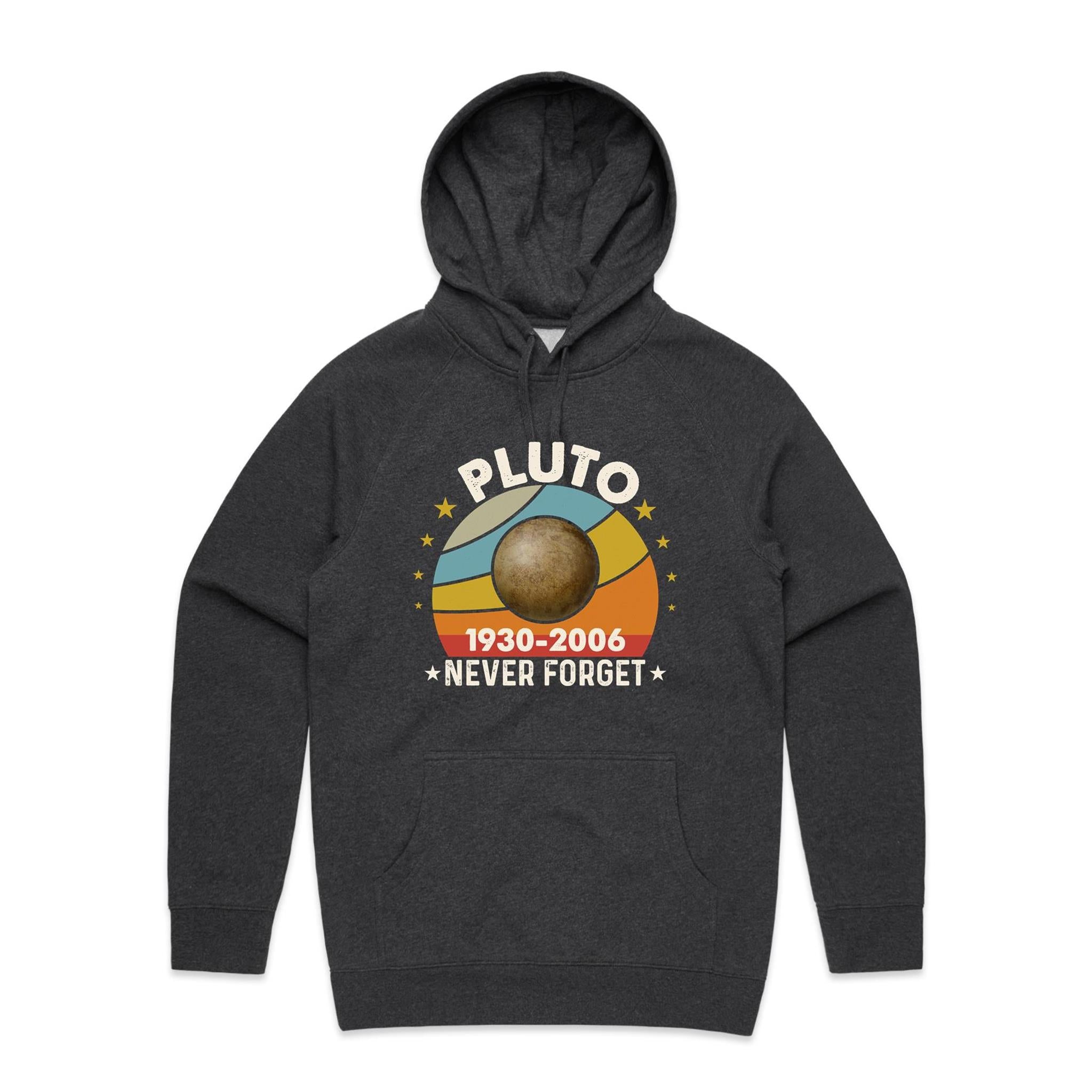 Never Forget Pluto - Mens Hoodie Asphalt Marle Mens Hoodie Printed In Australia Space