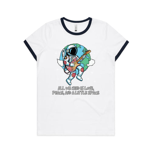 Astronaut, All We Need Is Love, Peace And A Little Space - Women's Ringer Tee White Navy Womens Ringer T-shirt Music Printed In Australia Space