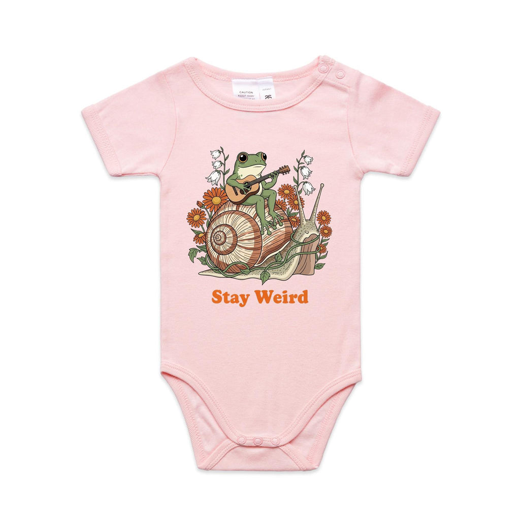 Stay Weird, Guitar Playing Frog On A Snail AS Colour Baby Bodysuit Pink Baby Bodysuit animal Music Printed In Australia