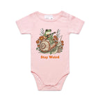 Stay Weird, Guitar Playing Frog On A Snail AS Colour Baby Bodysuit Pink Baby Bodysuit animal Music Printed In Australia