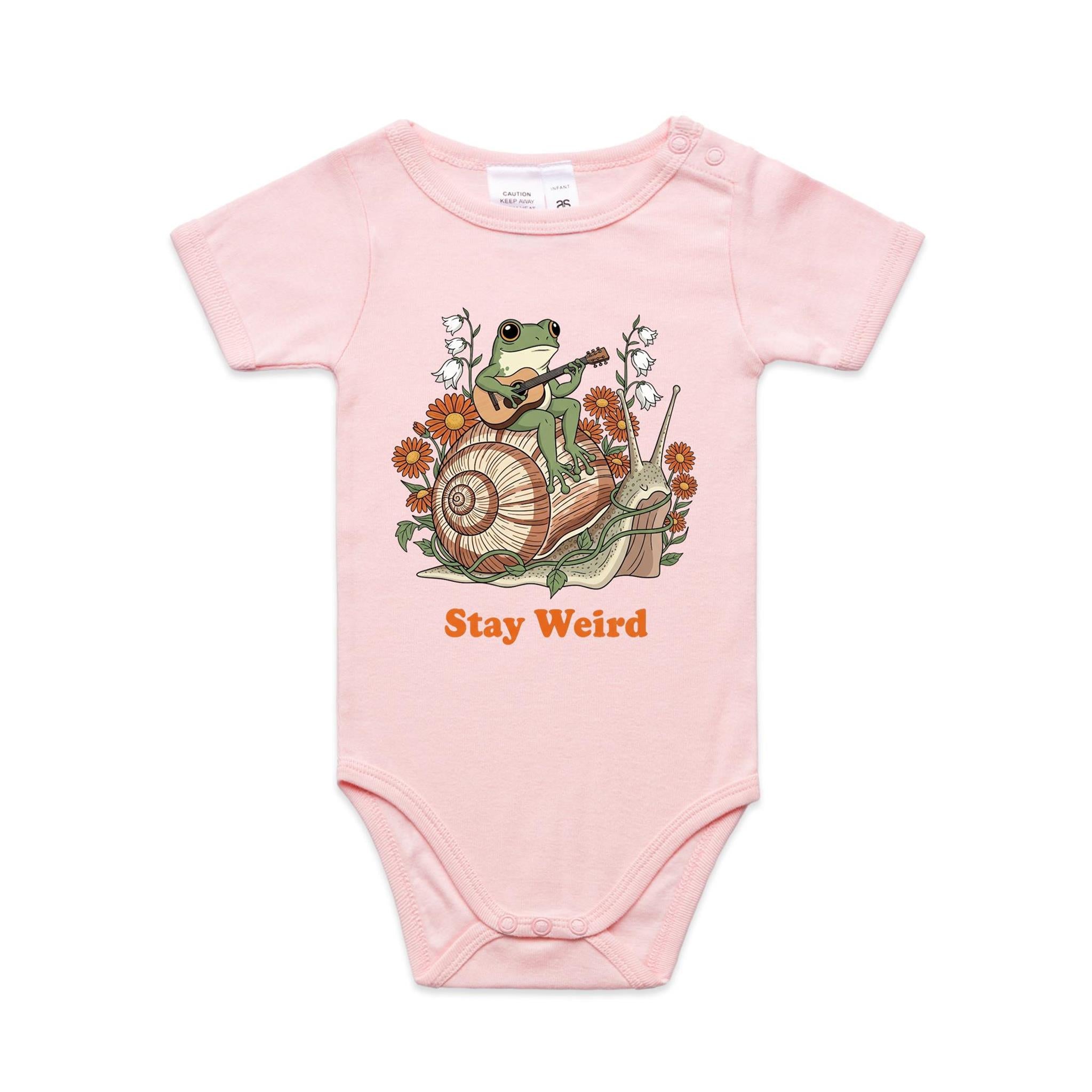 Stay Weird, Guitar Playing Frog On A Snail AS Colour Baby Bodysuit Pink Baby Bodysuit animal Music Printed In Australia