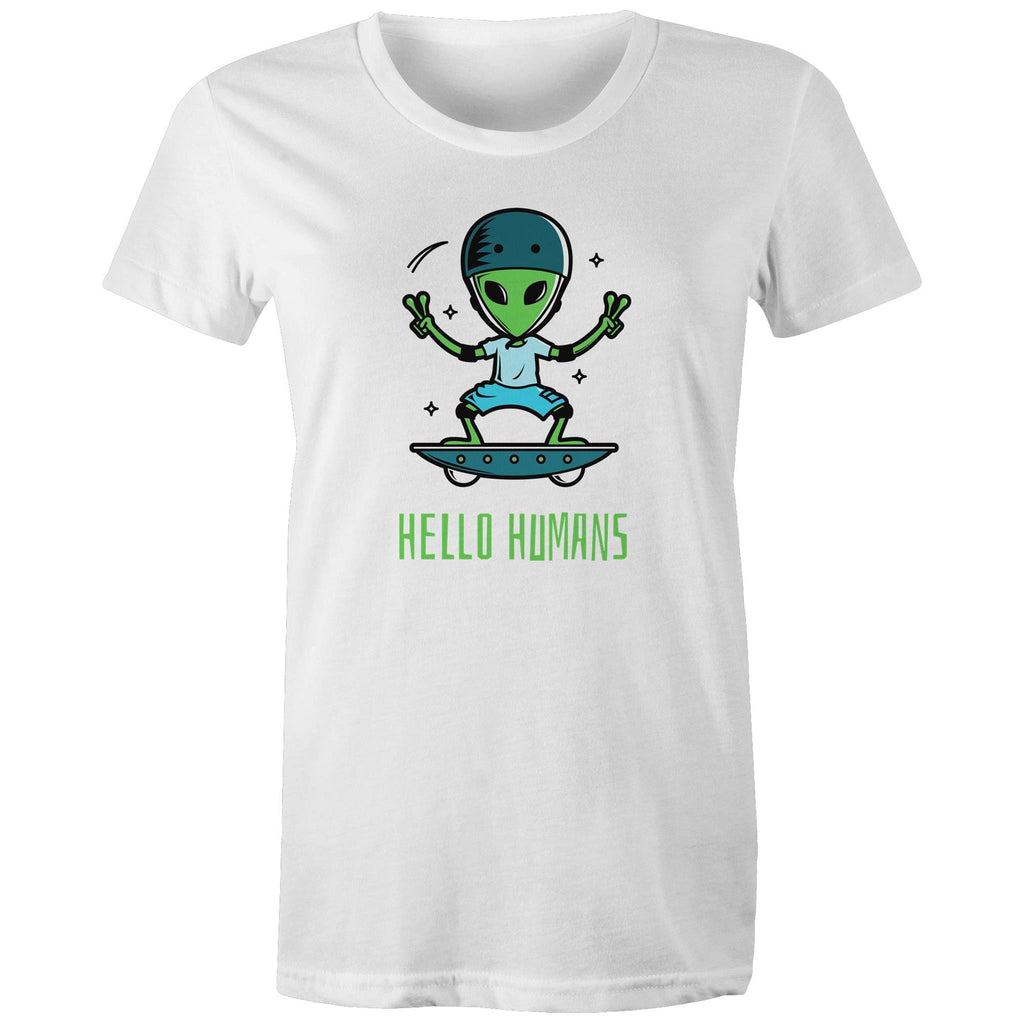 Hello Humans, Alien - Womens T-shirt White Womens T-shirt Printed In Australia Sci Fi