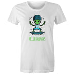 Hello Humans, Alien - Womens T-shirt White Womens T-shirt Printed In Australia Sci Fi