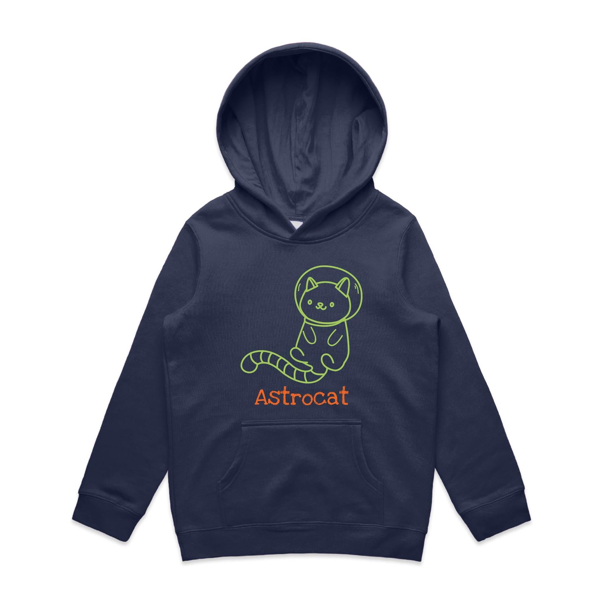 Astrocat, Cat Astronaut - Kids Hoodie Midnight Blue Kids Hoodie Printed In Australia
