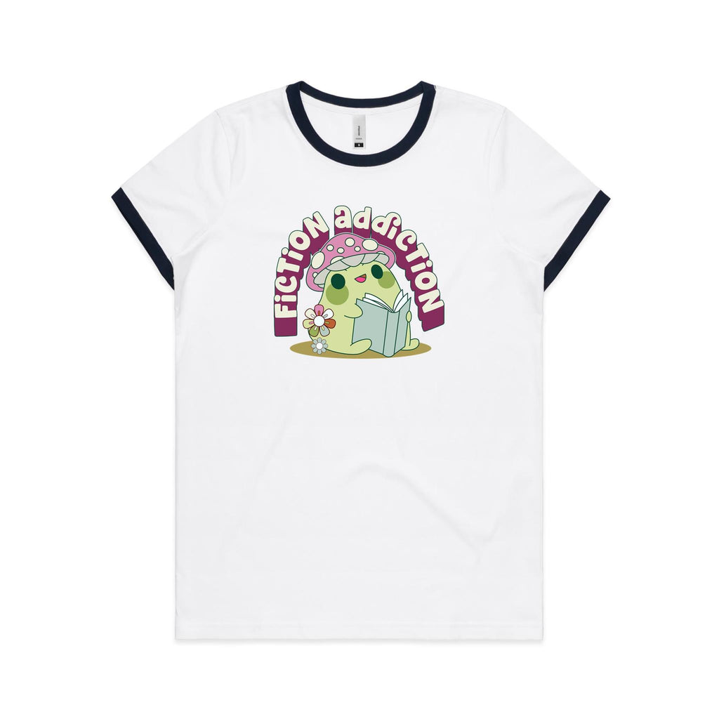 Fiction Addiction - Women's Ringer Tee White Navy Womens Ringer T-shirt Printed In Australia Reading