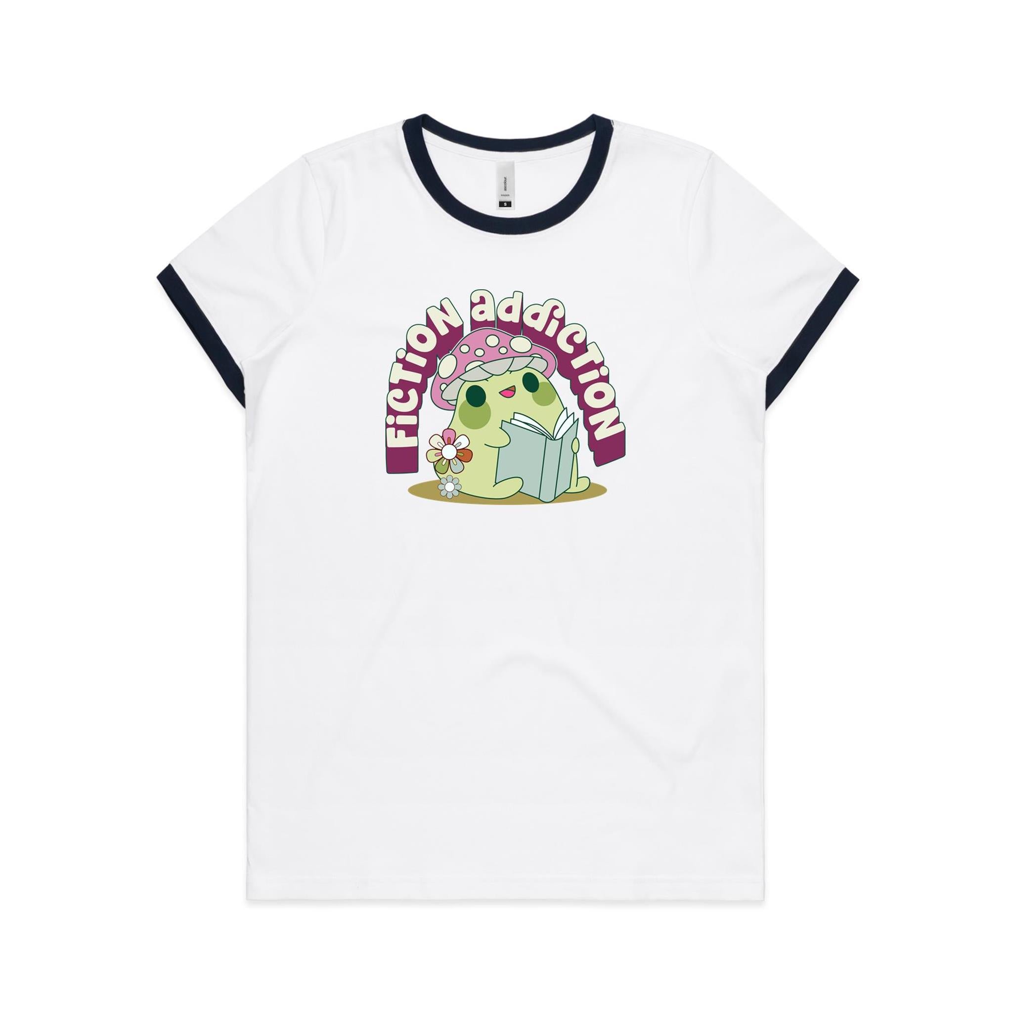 Fiction Addiction - Women's Ringer Tee White Navy Womens Ringer T-shirt Printed In Australia Reading
