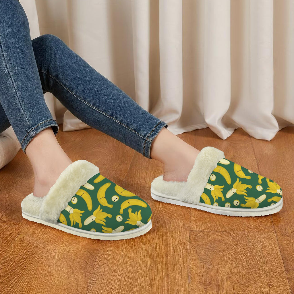 Happy Bananas Women's Fur Trim Thick-Sole Indoor Slippers Women's Fur Trimmed Slippers Food Printed Offshore