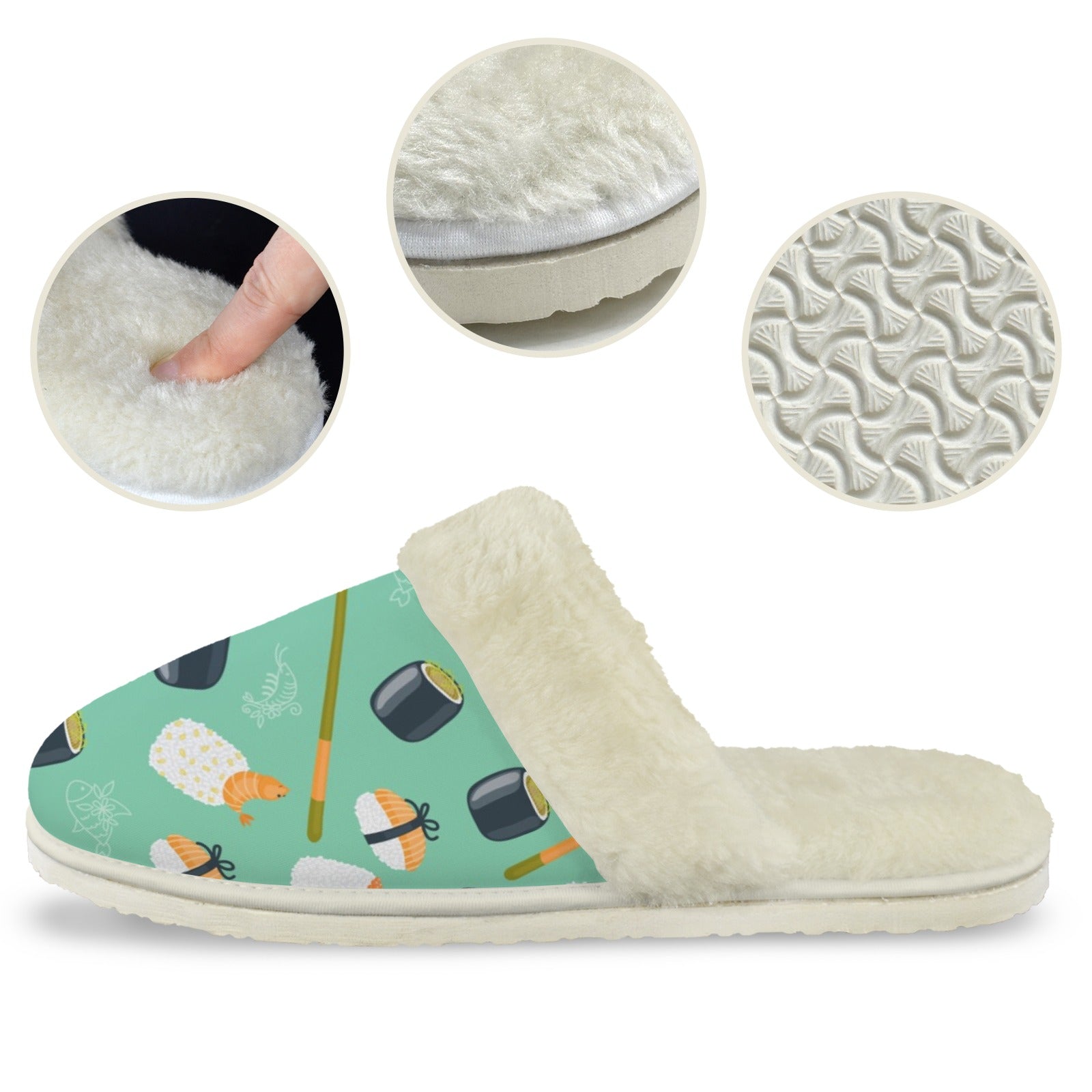 Sushi Women's Fur Trim Thick-Sole Indoor Slippers Women's Fur Trimmed Slippers Food Printed Offshore