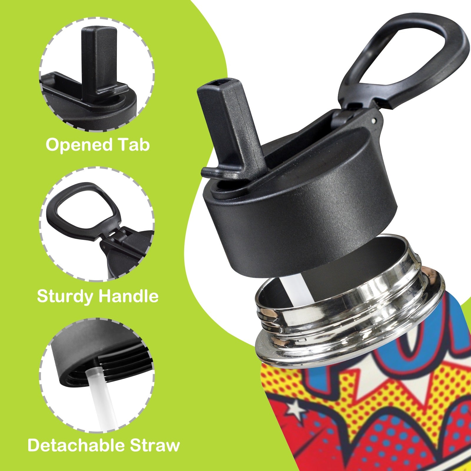 Comic Book 12oz Kids Water Bottle with Straw Lid