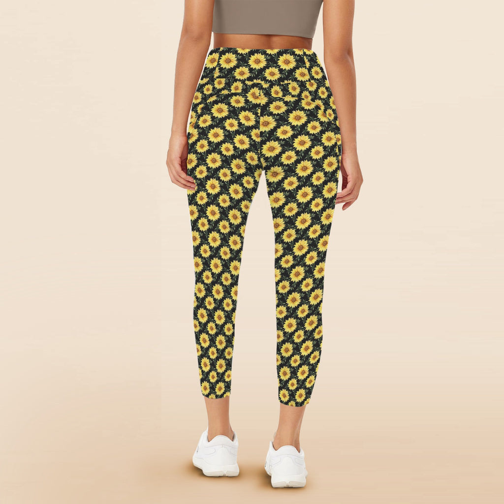 Painted Sunflower Women's High Waist Pockets Yoga Leggings Women's High Waist Pockets Yoga Leggings Plants Printed Offshore