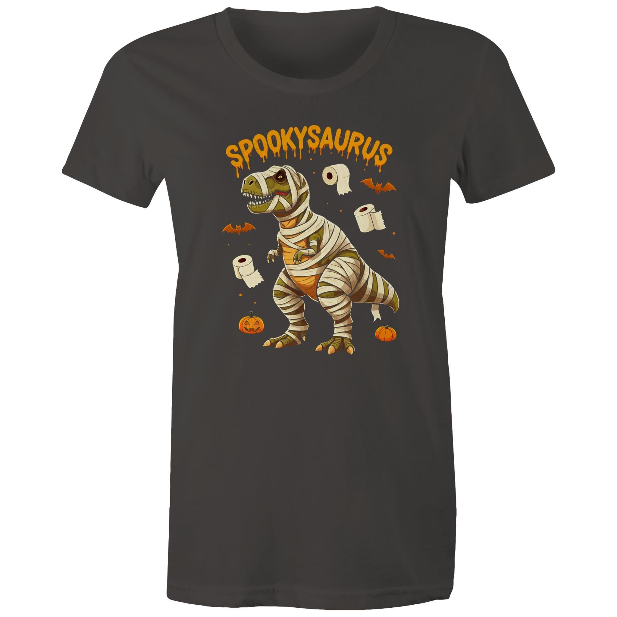 Spookysaurus, Halloween Dinosaur - Womens T-shirt Charcoal Womens T-shirt Halloween Printed In Australia