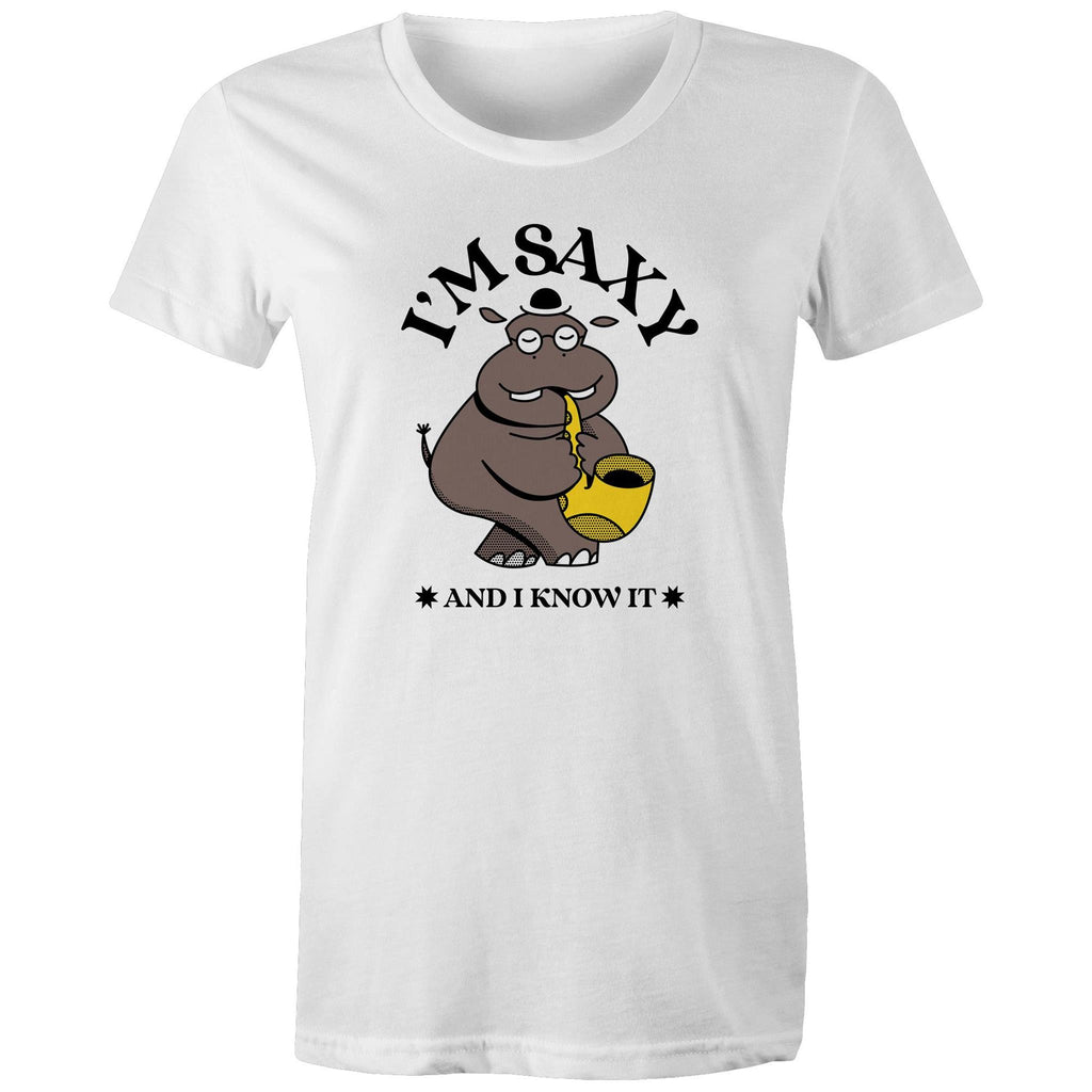 I'm Saxy And I Know It, Saxophone Hippo - Womens T-shirt White Womens T-shirt animal Music Printed In Australia