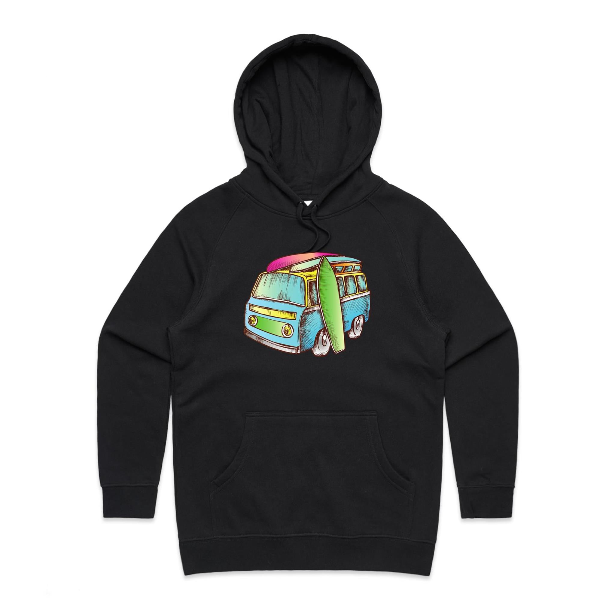 Surf Trip - Womens Hoodie Black Womens Hoodie Printed In Australia Surf