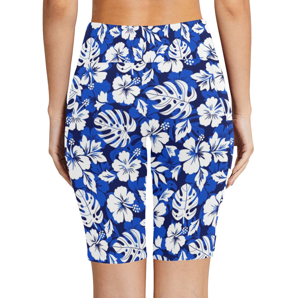 Blue Hawaiian Floral Women's Bike Shorts With Side Pockets Women's Bike Shorts Plants Printed Offshore