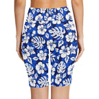 Blue Hawaiian Floral Women's Bike Shorts With Side Pockets Women's Bike Shorts Plants Printed Offshore