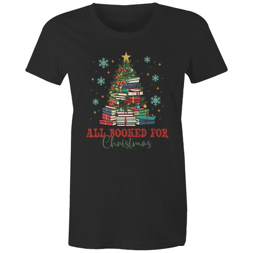 All Booked For Christmas - Womens T-shirt Black Womens Christmas T-shirt Christmas Printed In Australia