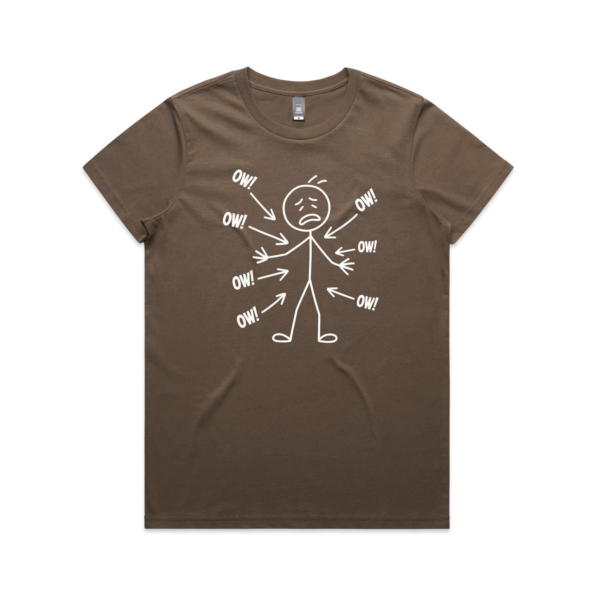 Ow! Everything Hurts Stick Figure Women's AS Colour T-shirt Walnut Womens T-shirt Printed In Australia