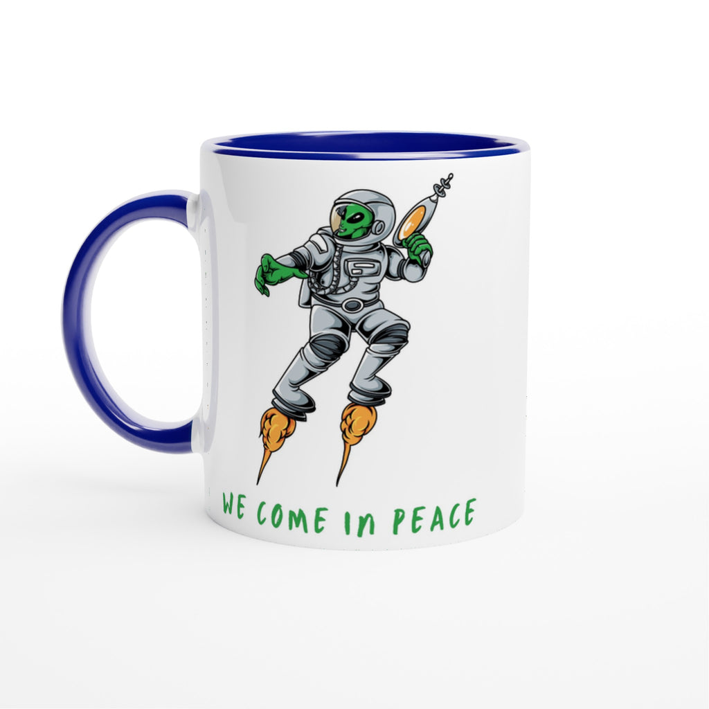Alien, We Come In Peace - White 11oz Ceramic Mug with Colour Inside Ceramic Blue Colour 11oz Mug funny Globally Fulfilled Sci Fi
