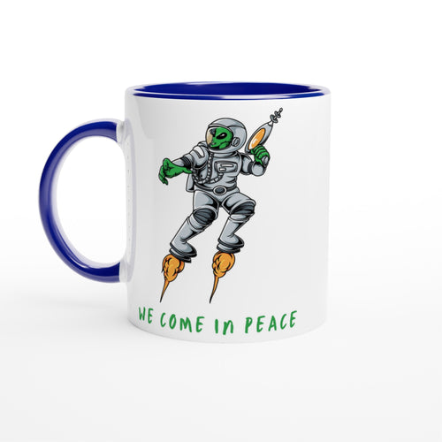 Alien, We Come In Peace - White 11oz Ceramic Mug with Colour Inside Ceramic Blue Colour 11oz Mug funny Globally Fulfilled Sci Fi