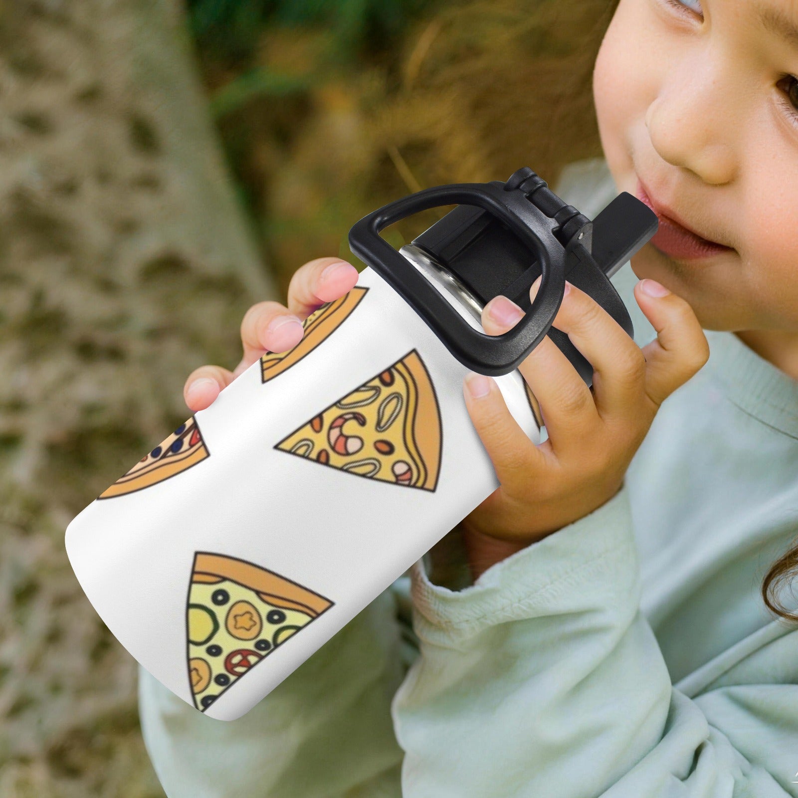 Pizza Slices On White 12oz Kids Water Bottle with Straw Lid