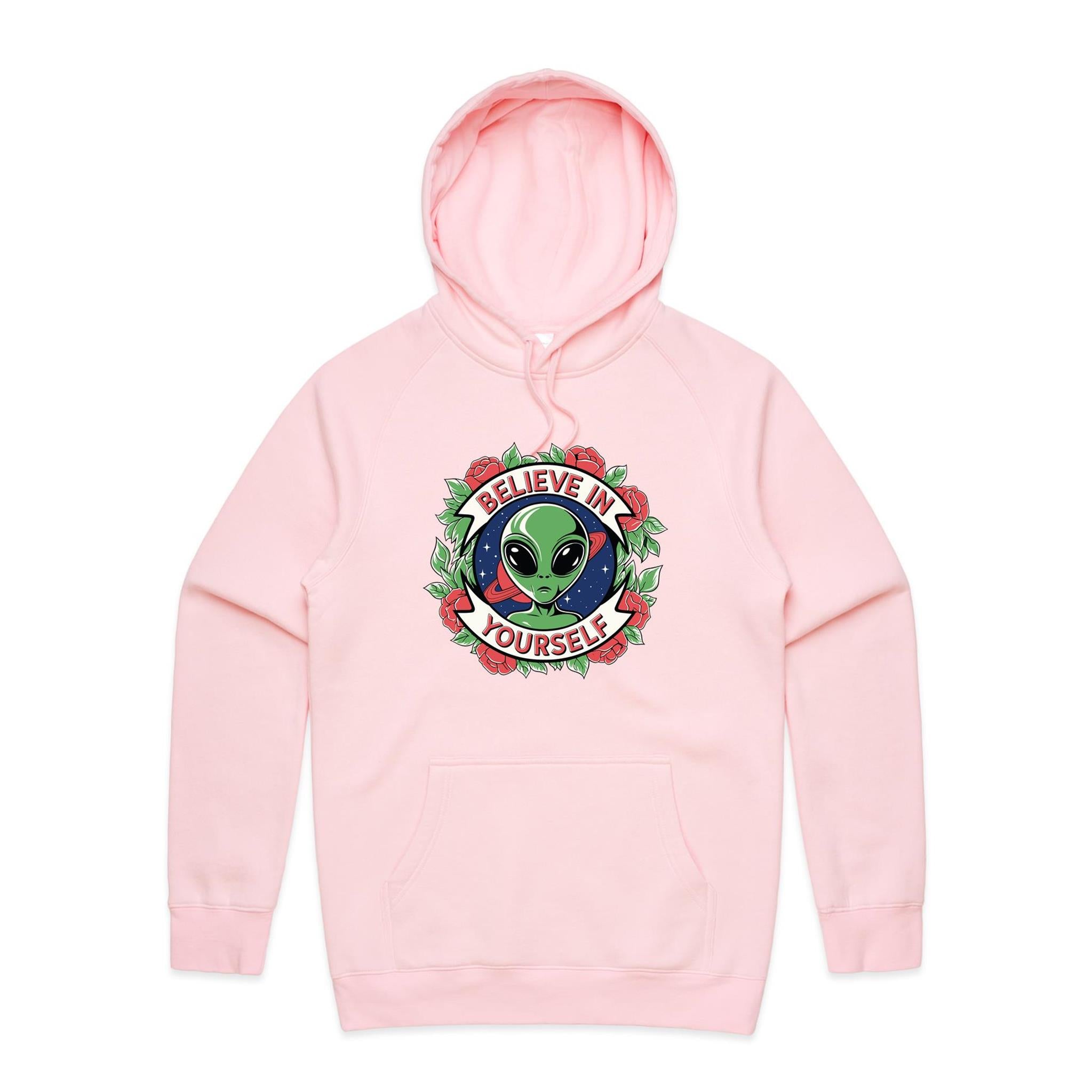 Believe In Yourself, Alien - Mens Hoodie Pink Mens Hoodie Motivation Positivity Printed In Australia Sci Fi