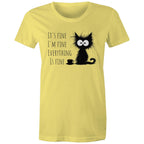 It's Fine, I'm Fine, Frazzled Cat - Womens T-shirt Yellow Womens T-shirt animal Printed In Australia