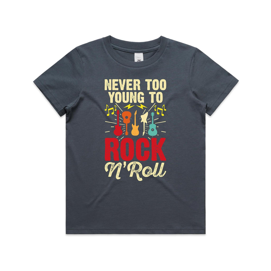 Never Too Young To Rock N Roll Kid's AS Colour T-shirt Petrol blue Kids Youth T-shirt Music Printed In Australia