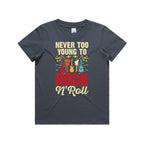 Never Too Young To Rock N Roll Kid's AS Colour T-shirt Petrol blue Kids Youth T-shirt Music Printed In Australia