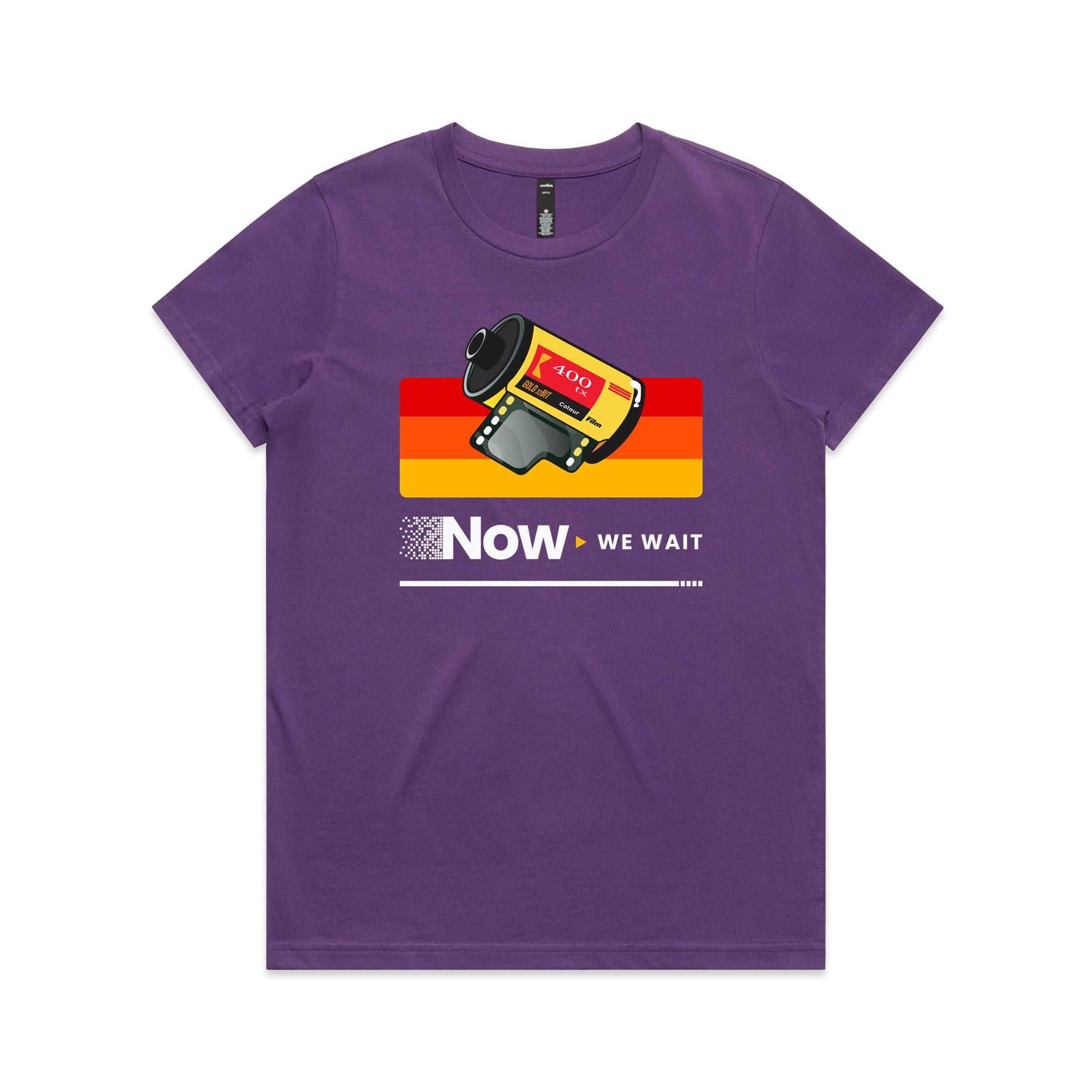 Camera Film, Now We Wait - Womens T-shirt Purple Womens T-shirt Printed In Australia Retro