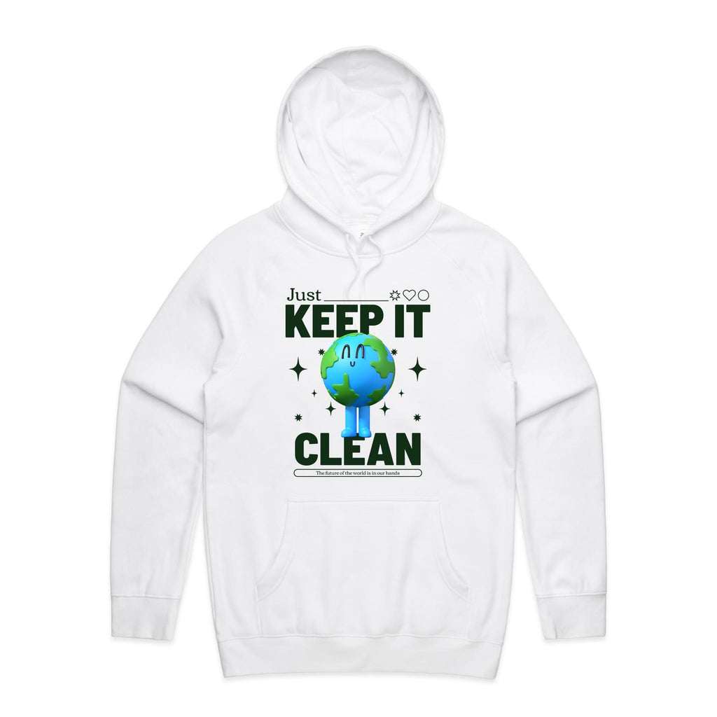 Earth, Just Keep It Clean - Mens Hoodie White Mens Hoodie Environment Printed In Australia