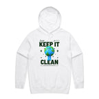 Earth, Just Keep It Clean - Mens Hoodie White Mens Hoodie Environment Printed In Australia