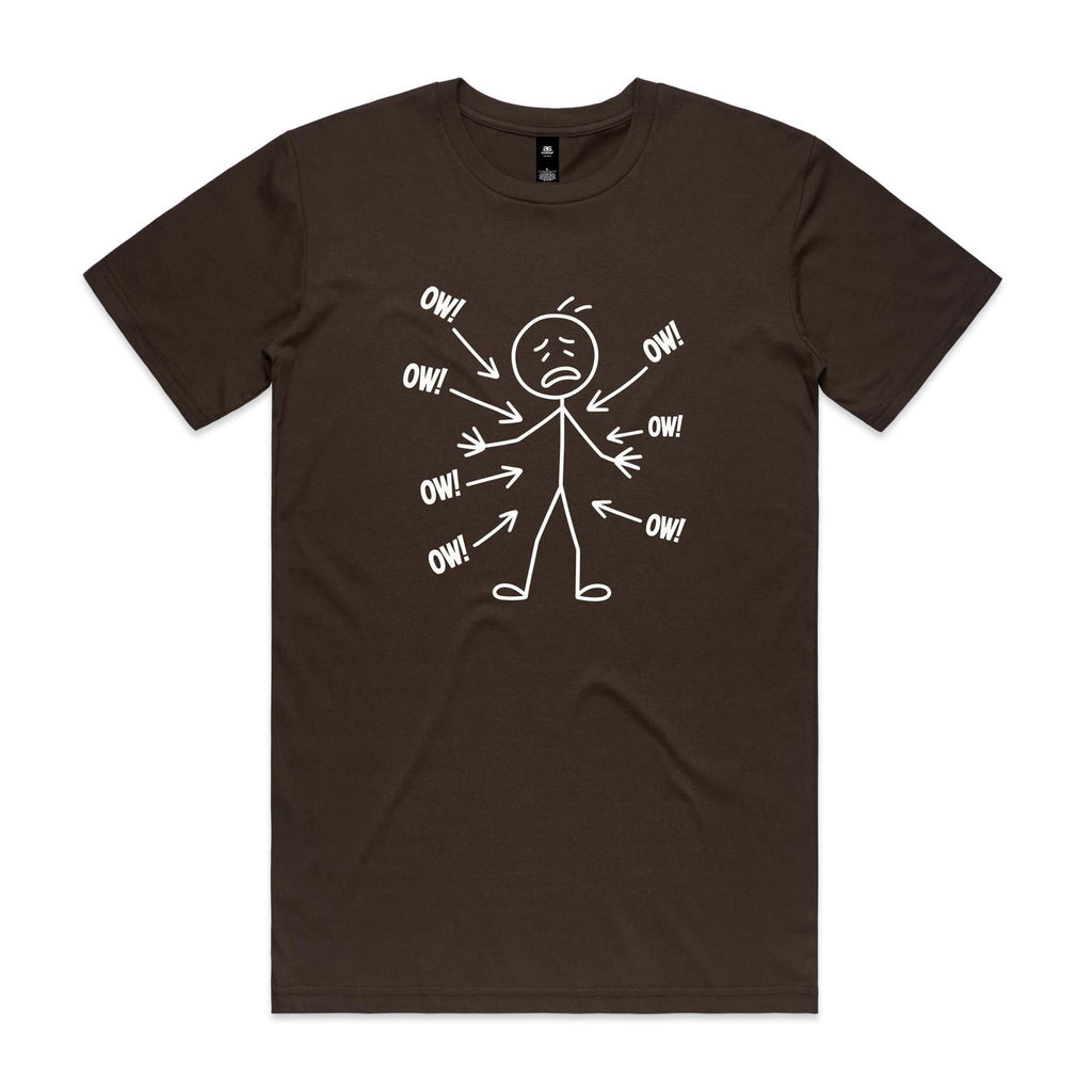 Ow! Everything Hurts Stick Figure Men's AS Colour T-shirt Dark Chocolate Mens T-shirt Printed In Australia