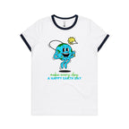 Make Every Day A Happy Earth Day - Women's Ringer Tee White Navy Womens Ringer T-shirt Environment Printed In Australia