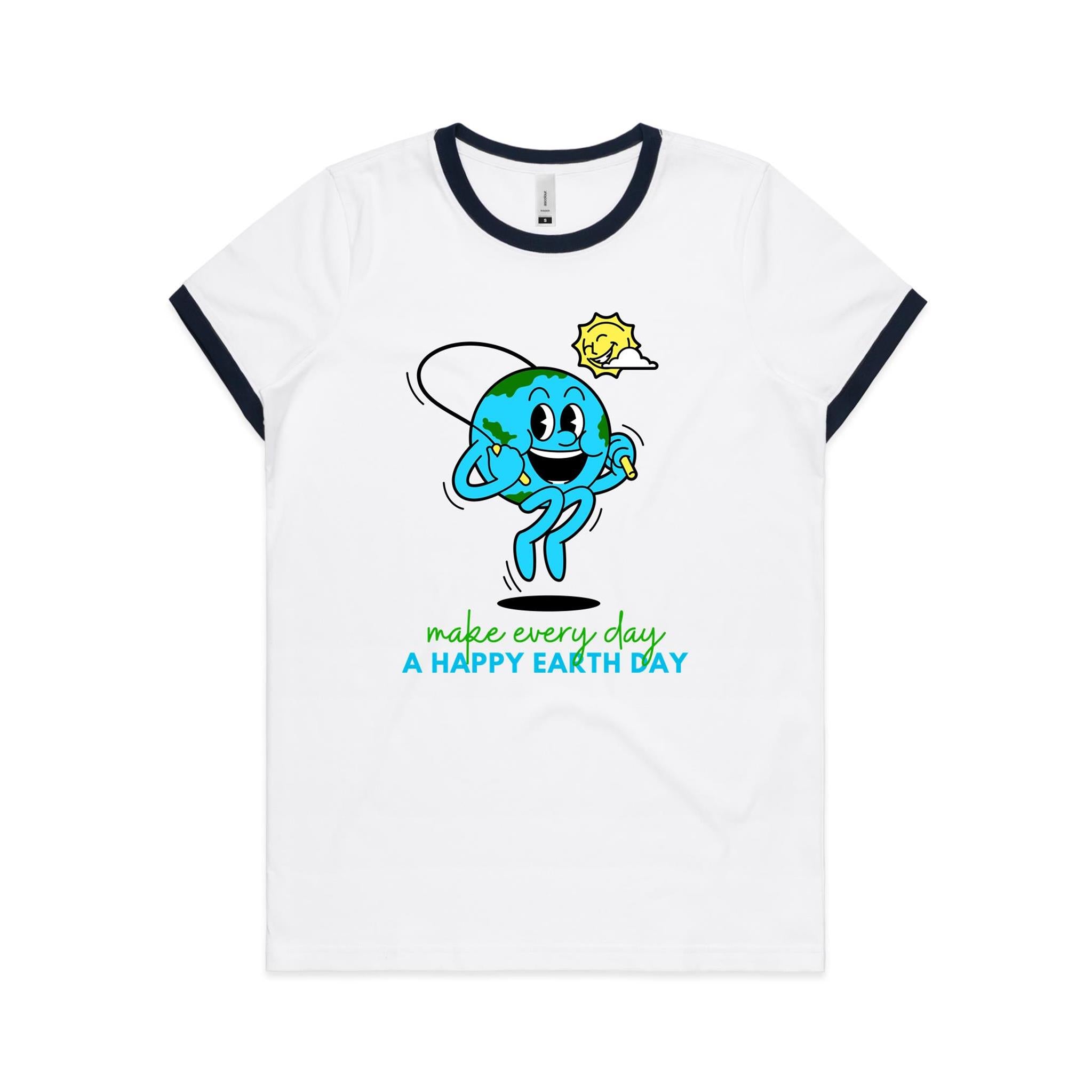 Make Every Day A Happy Earth Day - Women's Ringer Tee White Navy Womens Ringer T-shirt Environment Printed In Australia