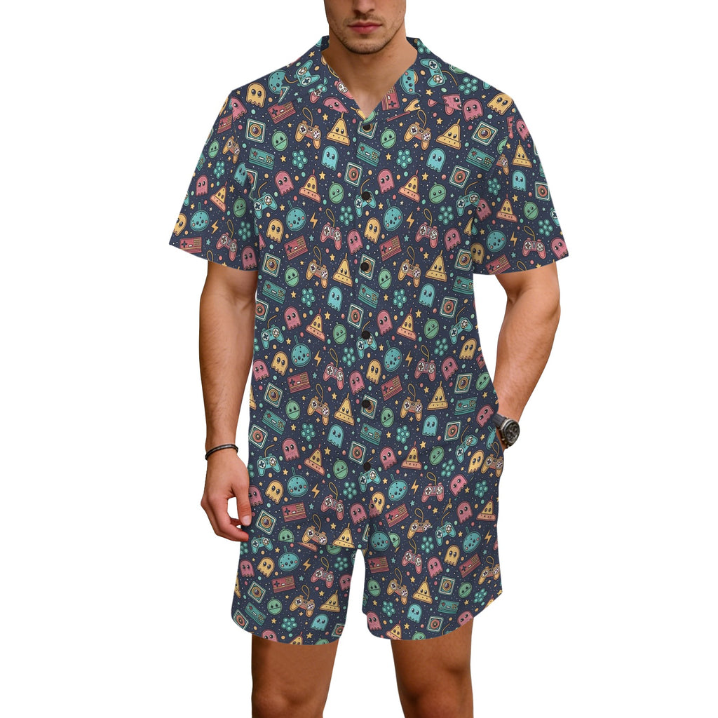 Video Game Men's Hawaiian Shirt & Shorts Set Men's Hawaiian Shirt & Shorts Set Games Printed Offshore Retro