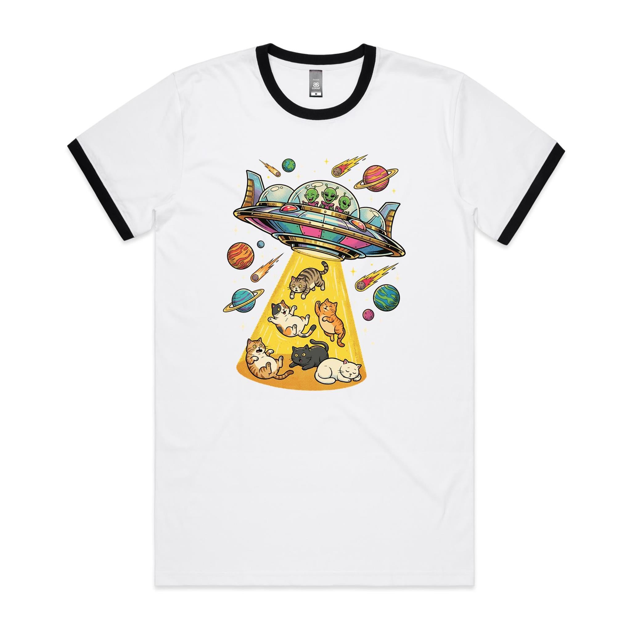 UFO Cat Abduction Men's AS Colour Ringer Tee White Black Ringer T-Shirt animal Printed In Australia Sci Fi