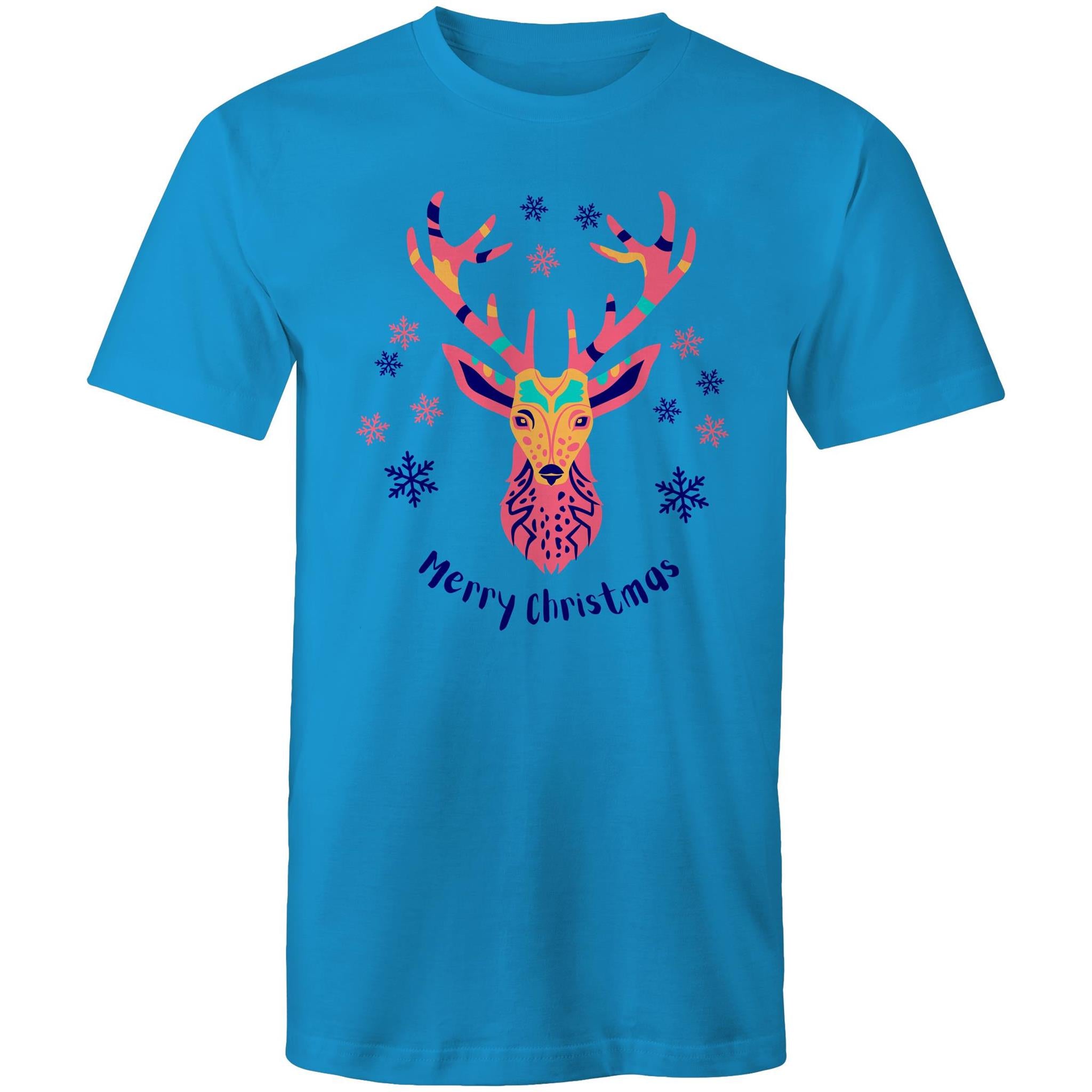 Christmas Deer - Mens T-Shirt Arctic Blue Mens Christmas T-shirt Christmas Printed In Australia