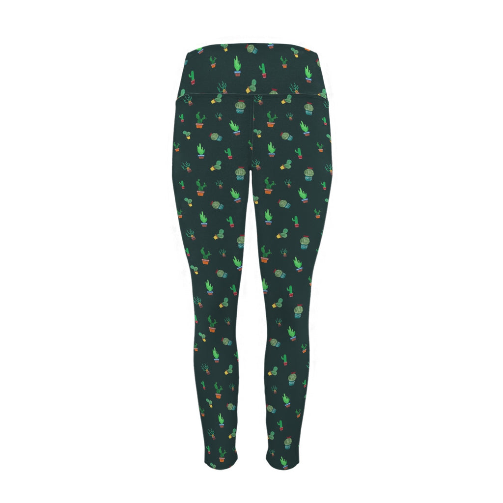 Cactus On Black - Women's High Waist Pockets Yoga Leggings