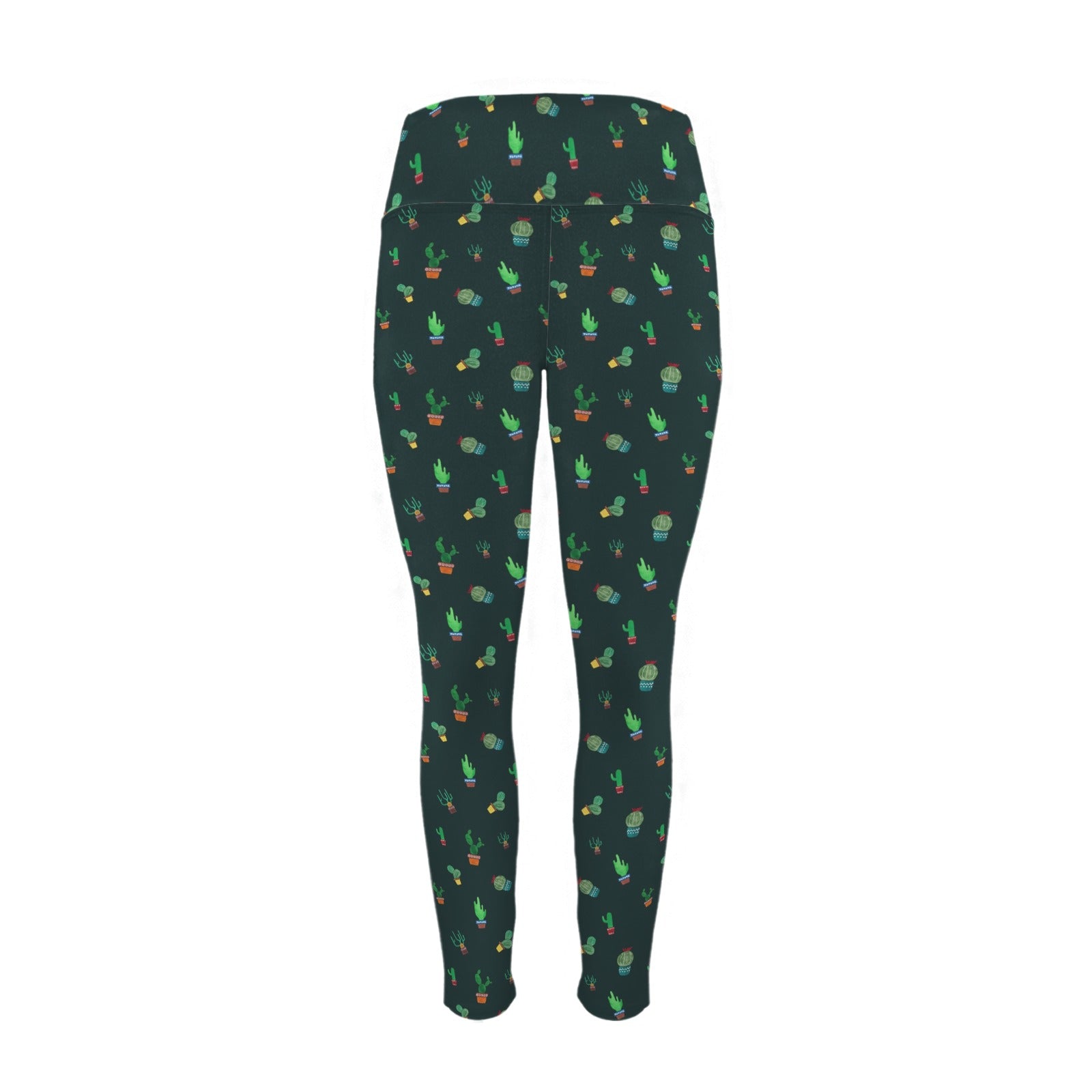 Cactus On Black - Women's High Waist Pockets Yoga Leggings