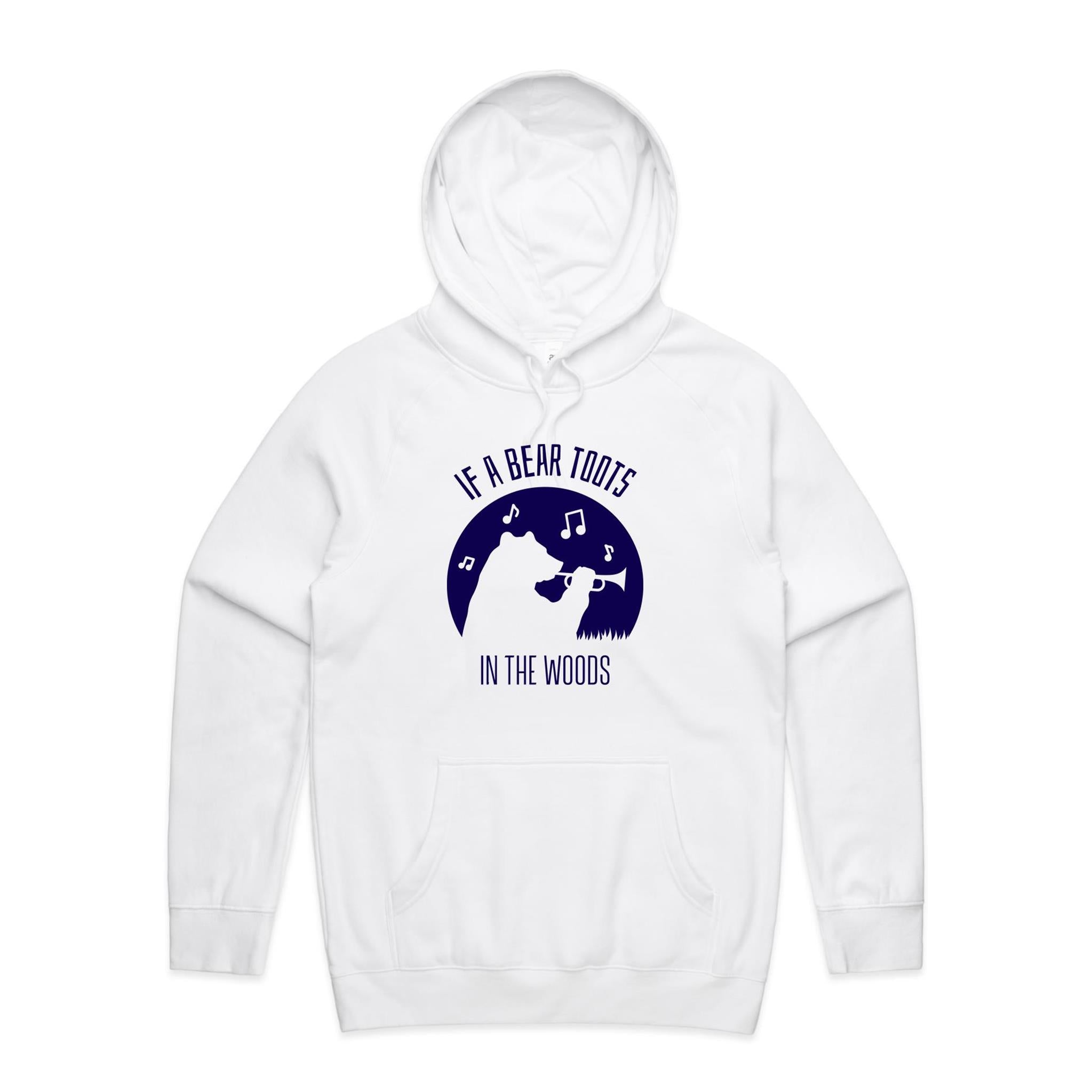 If A Bear Toots In The Woods, Trumpet Player - Mens Hoodie White Mens Hoodie animal Music Printed In Australia