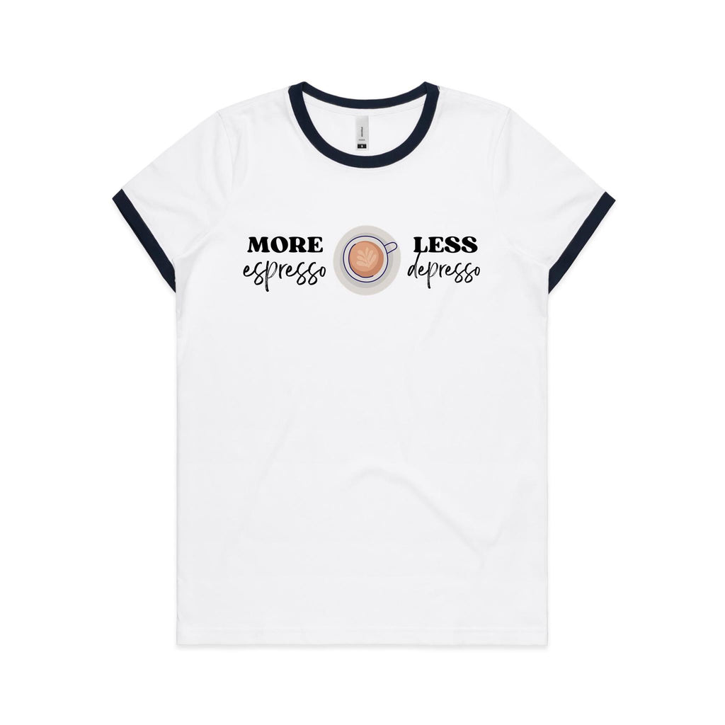 More Espresso, Less Depresso - Women's Ringer Tee White Navy