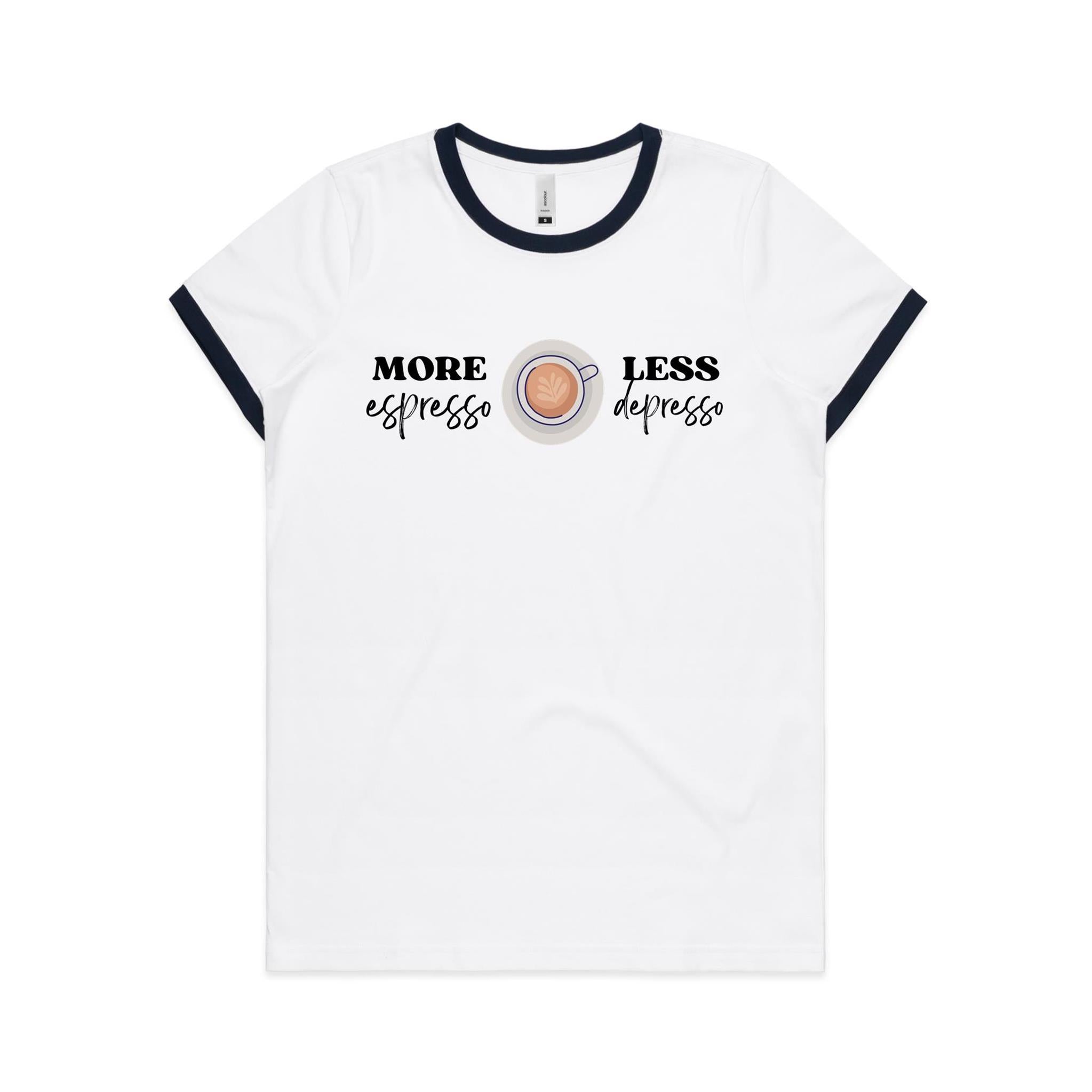 More Espresso, Less Depresso - Women's Ringer Tee White Navy