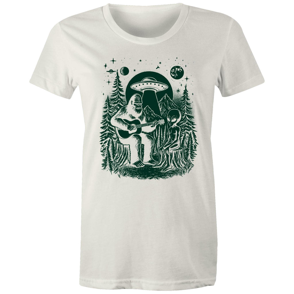 Alien And Bigfoot Play Guitar - Womens T-shirt Natural Womens T-shirt Music Printed In Australia Sci Fi