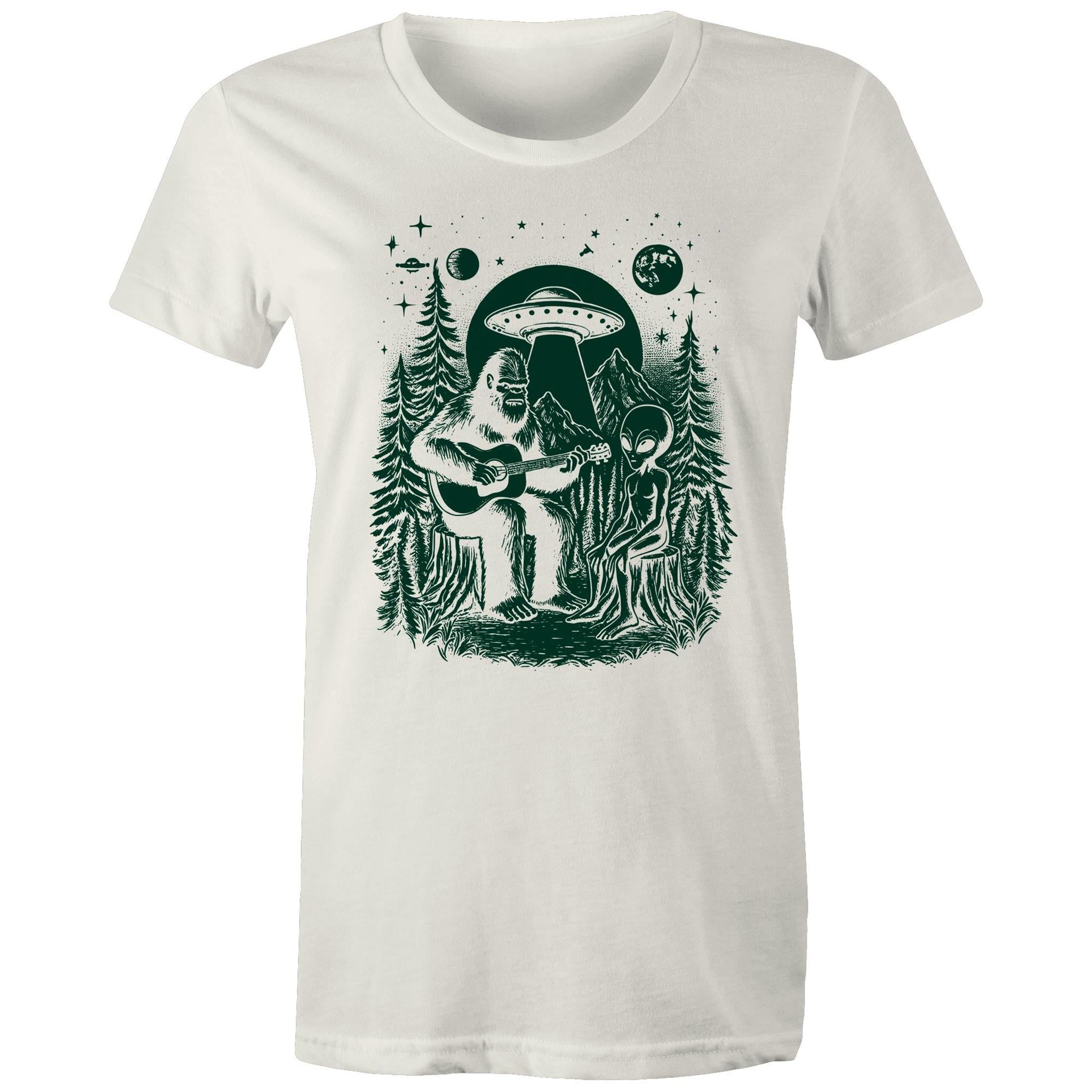 Alien And Bigfoot Play Guitar - Womens T-shirt Natural Womens T-shirt Music Printed In Australia Sci Fi
