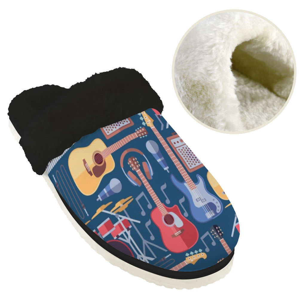 Music Instruments Women's Fur Trim Thick-Sole Indoor Slippers Women's Fur Trimmed Slippers Music Printed Offshore