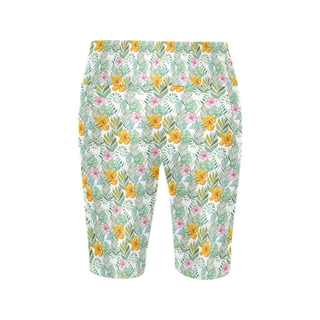 Tropical Flowers And Leaves Women's Bike Shorts With Side Pockets