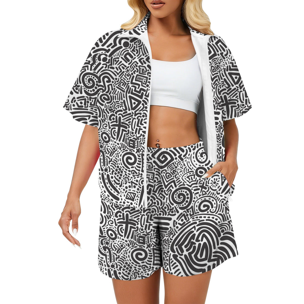 Black And White Women's Windbreaker Short Set 2XL Women's Windbreaker Short Set Printed Offshore